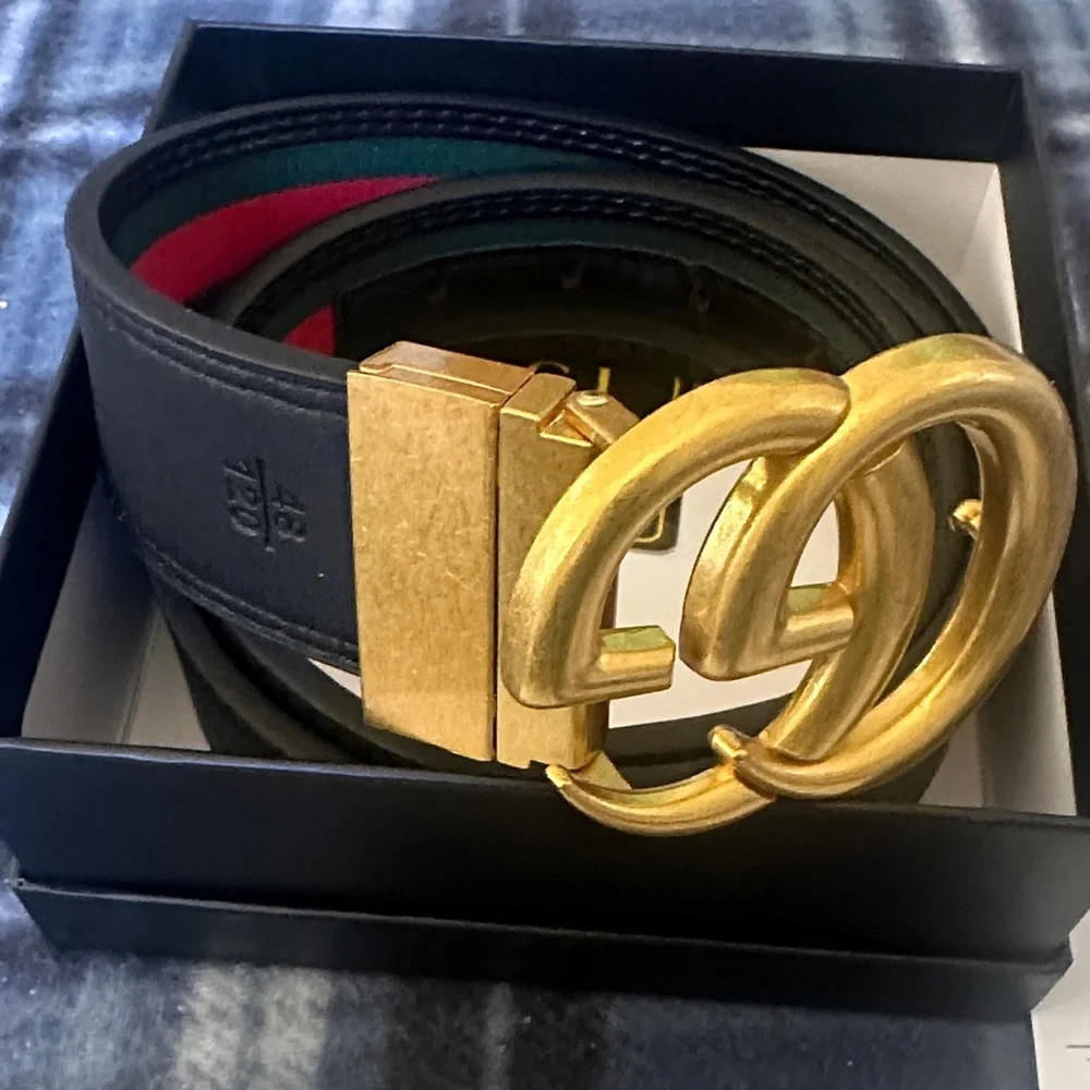 Gucci Black Leather Belt with Green & Red Web and Gold Double G Buckle Size 120